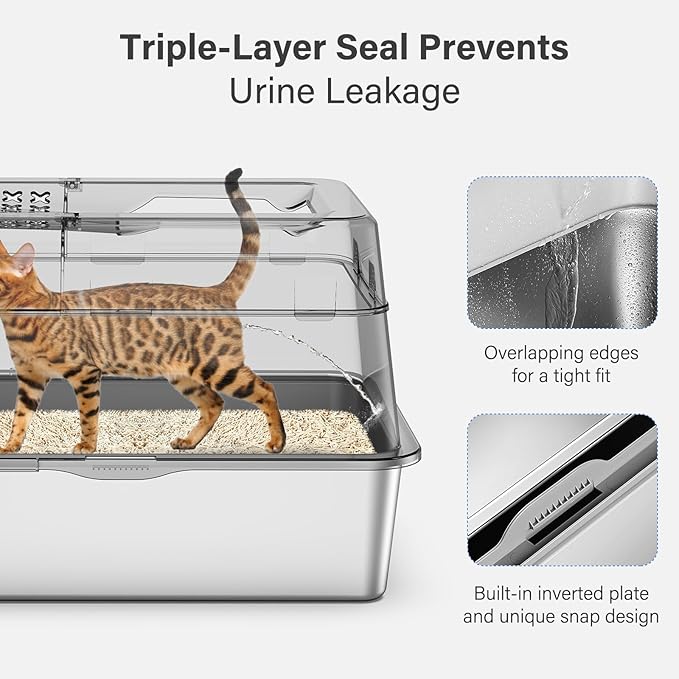 Aphyxen Stainless Steel Litter Box with Lid, XL Extra Large Enclosed Cat Litter Box Fits All Cats Modular Design with Flip Cover, Top Entry Metal High Sided Cat Box & Pedal & Scoop (Black)