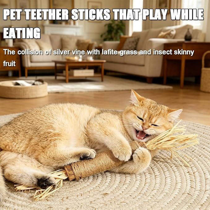Natural Silvervine Dental Sticks, Silver Vine Sticks Cats with Raffia, Chew Sticks for Cats, Cat Chew Rope for Enrichment Pet Supplies, Calm Cat Boring (Large-2PCS)