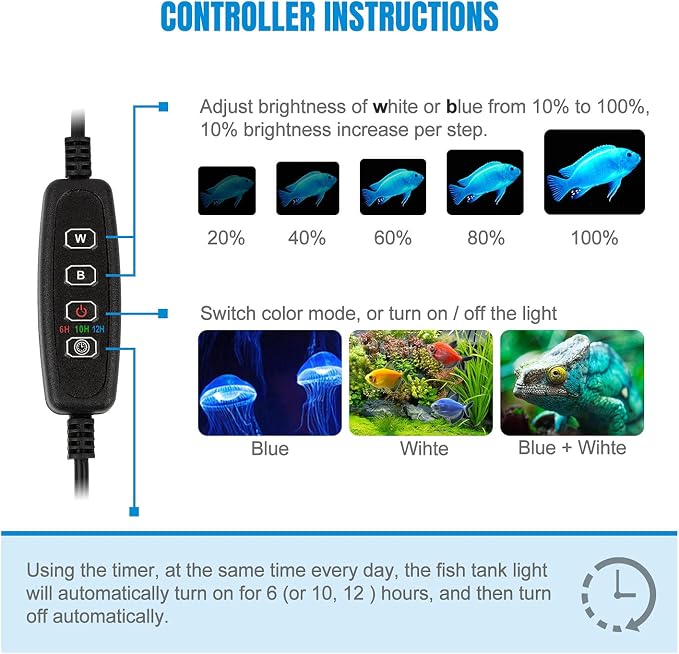 15" White & Blue Submersible LED Aquarium Fish Tank Light with Timer/Dimmable Underwater Fish Tank Aquarium LED Lights Fixture for Saltwater Freshwater Fish, Plant Grow, Coral Reef Decorations