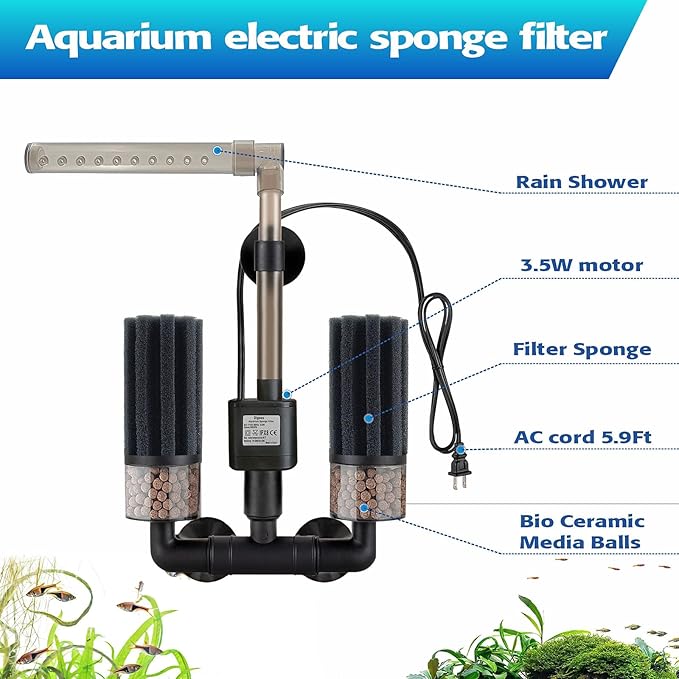 Electric Aquarium Sponge Filter with Submersible Pump, Ultra Quiet Power Filtration, Bio Media & Dual Sponges, Internal Filter for Freshwater & Saltwater Fish Tanks