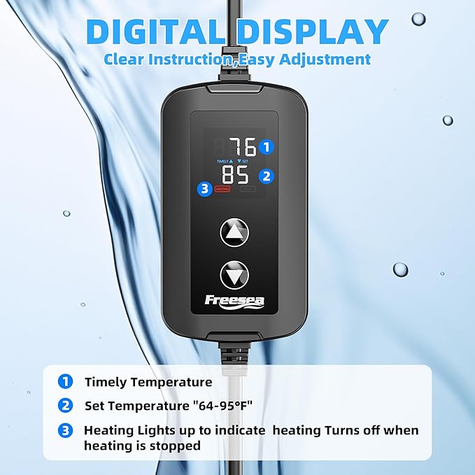 FREESEA Aquarium Heater for Fish Tank: 100W/200W/300W/500W Submersible Fish Tank Heaters with Over-Temperature and Off-Water Protection for 10-20 Gallon Saltwater and Freshwater