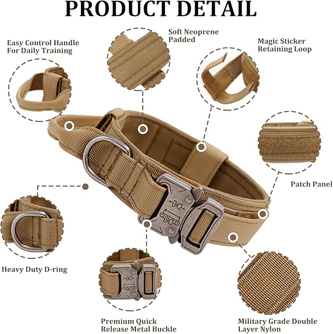Tactical Dog Collar with Handle - Military Adjustable Dog Training Collar Soft Nylon and Heavy Duty Metal Buckle for Medium Large Dogs - with Patch (Brown, X-Large)