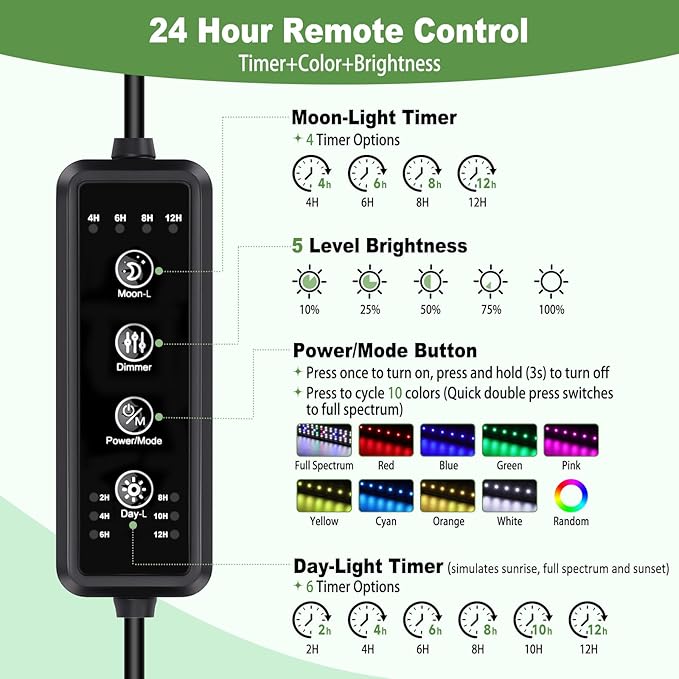 hygger LED Aquarium Light with Timer, 20W Full Spectrum Fish Tank Plant Growth Lamp, 24 H Remote Control, Adjustable Brightness & 10 Colors, Extendable Bracket, Power-Off Memory, Fits 18-24 Inch Tank