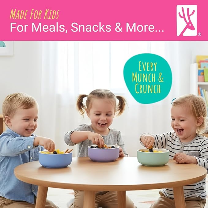 Elk and Friends Kids Porcelain Bowls with Silicone Suction Sleeves | Suitable for Babies/Toddlers | Microwave & Dishwasher Safe | Stay Put Dinnerware | Snack Dishes | 4 Pack