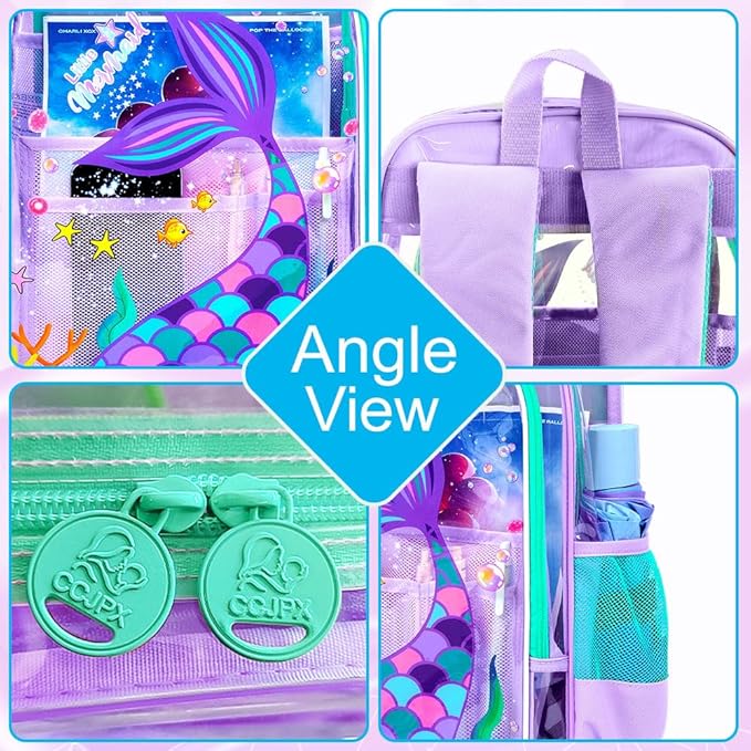 AGSDON 3PCS Mermaid Clear Backpack for Girls, 16" Transparent Bookbag Heavy Duty, Cute See Through Backpacks with Lunch Bag - Purple Mermaid
