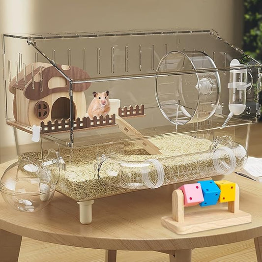 9 in 1 Acrylic Hamster Cage with all accessories and an activity tube,2-layer Hamster House,transparent viewing,top open Mouse Cage for pet mice,Hamster Habitat for Dwarf Hamster,Gerbils;18"x11"x13.4"
