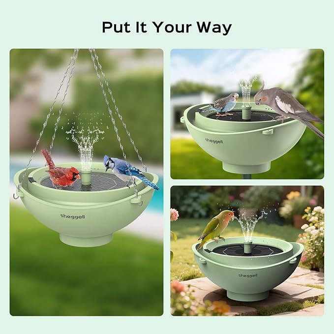 Sheggell Smart Bird Bath, 2L Large Capacity with Water Circulating Filtration, Solar Bird Bath with 3 Fountain Modes, Hanging & Freestanding Design, IPX6 Waterproof, Birdbath for Yard（Light Green）