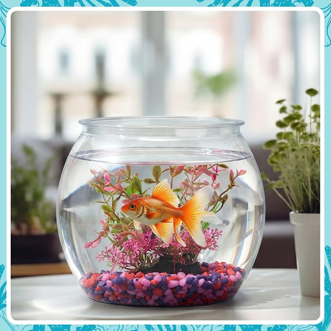 1 Gallon Plastic Fish Bowl,Red,Red Aquatic Plant | with Artificial Plastic Plant and 1lb Decorative Gravel, Clear Round Goldfish Fish Tank for Table Centerpiece Home Decor