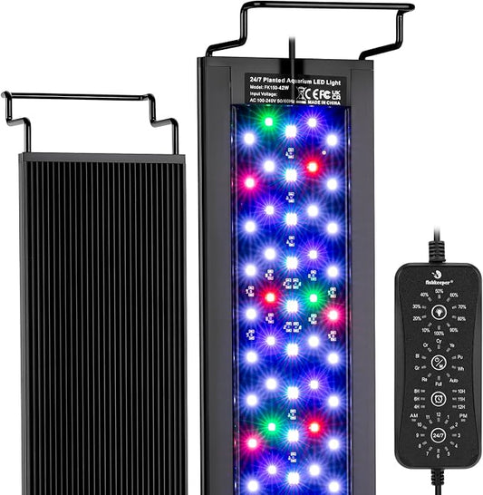 fishkeeper LED Aquarium Light, 24/7 Mode Fish Tank Light with One Touch | Full Spectrum Aquarium Light for Plant, IP68 Waterproof, Adjustable 10 Brightness 10 Colors 6 Timer, for 48-55 Inch Tank