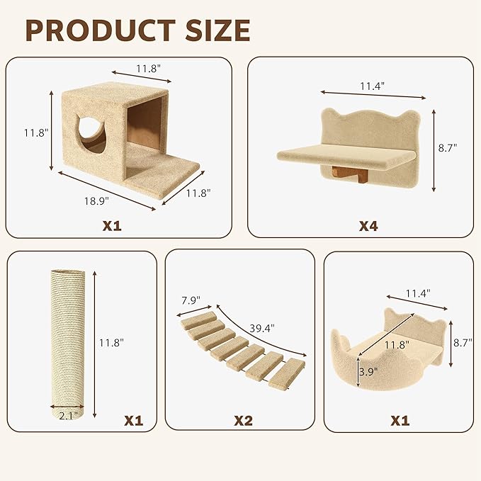 9-in-1 Cat Wall Shelves, Stable & Safe Wall Mounted Cats Shelf Furniture Set with Plush Fabric, Wooden Cat Climbing Wall Systems with Scratching Post, Bridge Ladder, Floor Space-Saving, Beige