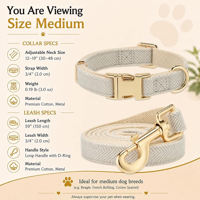 Herringbone Tweed Dog Collar and Leash Set for Medium Dogs, Gray | Snag-free, no-rub design. Soft breathable cotton, gentle on fur. Adjustable durable matching combo for walks & outdoors.