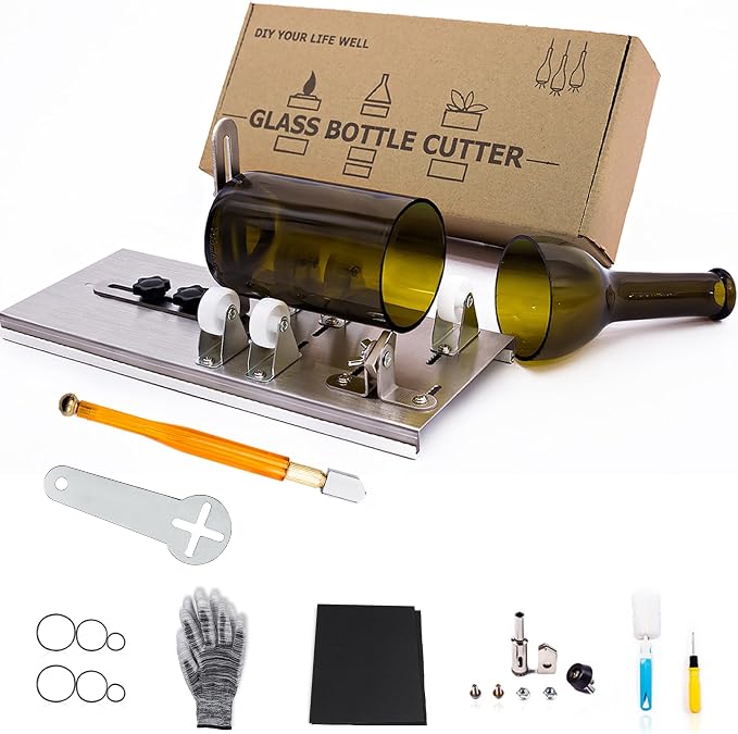 Glass Bottle Cutter, Upgraded Bottle Cutting Tool Kit for Round Bottles | 5-Wheel Bottle Stability, Adjustable Cutting Position, Spare Blade, Complete DIY Glass Cutting Kit for Round Bottles