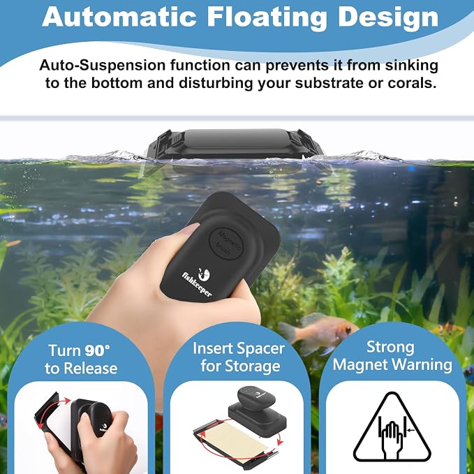 fishkeeper Dual-Blades Magnetic Aquarium Glass Cleaner with 4 Algae Scraper | 2-In-1 Floating Scrubber, Double Side Magnetic Fish Tank Cleaner for 0.4-0.6 Inch Thick Glass & Acrylic Aquarium Tanks (L)
