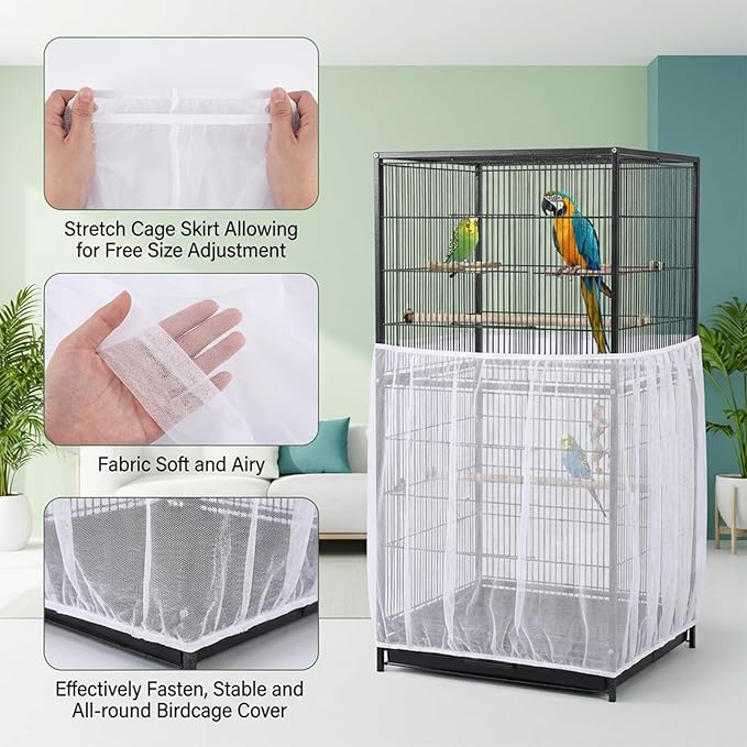 White Bird Cage Seed Catcher, Universal Bird Cage Seed Catcher Adjustable Soft Airy Nylon Mesh Net Lightweight Mesh Skirt for Parrot Cages Stops Scatter Round Square Cages