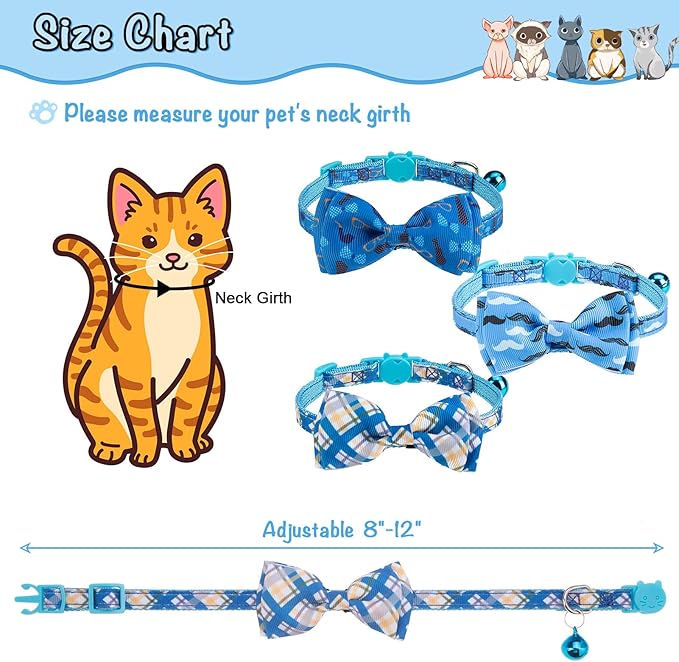 Breakaway Cat Collar with Removable Bow Tie and Bell, 3 Pack Safety Buckle Kitten Collars, Adjustable Pet Collar with Cute Multi-Style Patterns, Ideal for Boy Cats Puppy