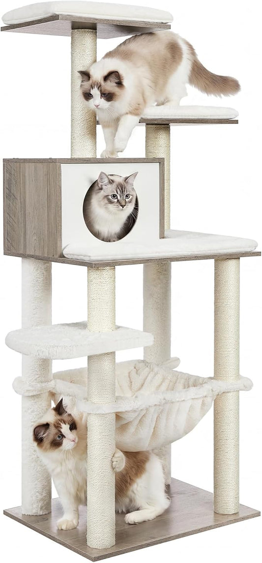 SONGMICS HOME Cat Tree Tower, Multi-Level Cat Condo with Hammock and Sisal Scratching Posts, Furniture for Indoor Large Cats, Greige