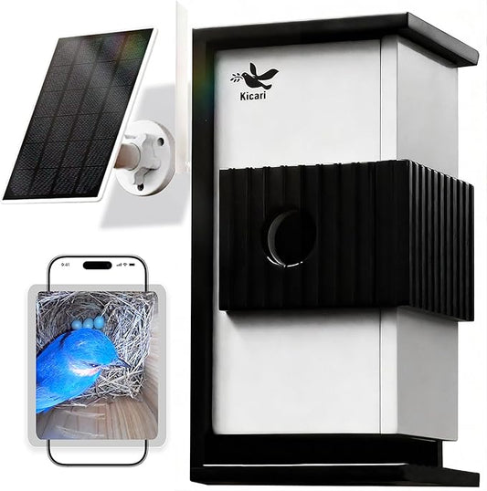 Bird House with Camera 2K HD, Solar & Battery Powered, Dual Night Vision, PIR Motion Sensor, Two-Way Audio, WiFi App Control, Weatherproof Wooden Smart Bluebird Nest Box for Outdoor Use, Gray