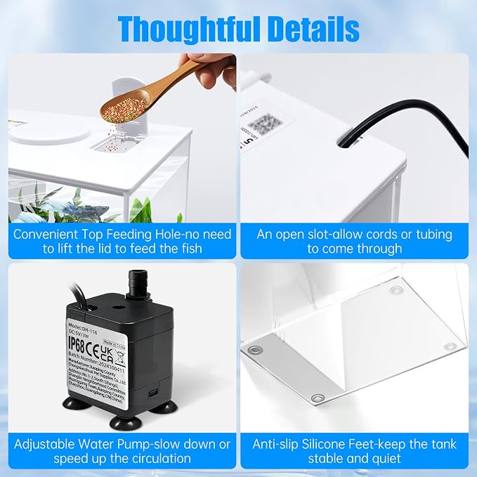 Betta Fish Tank Small Aquarium 1 Gallon Self Cleaning Fish Tank Starter Kit with Filter,Light and Adjustable Water Pump All-in-one Smart Desktop Aquarium for Shrimp Goldfish (Upgrade Filter Media)