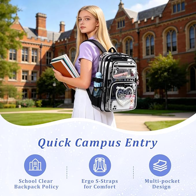 Clear Backpack for School Girls, Cute Heavy Duty PVC Transparent Bookbag, See-Through Bag for Stadium Event Black