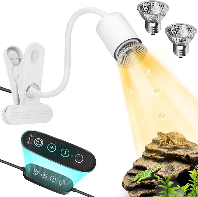 GOZILLA Reptile Heat Lamp, Turtle Lamp with 360° Goose Neck Rotatable Timing & Dimming Cycle Timer, 25W+50W UVA/UVB Reptile Light Bulbs for Reptiles and Amphibian Tanks, Terrariums and Cages.(White)