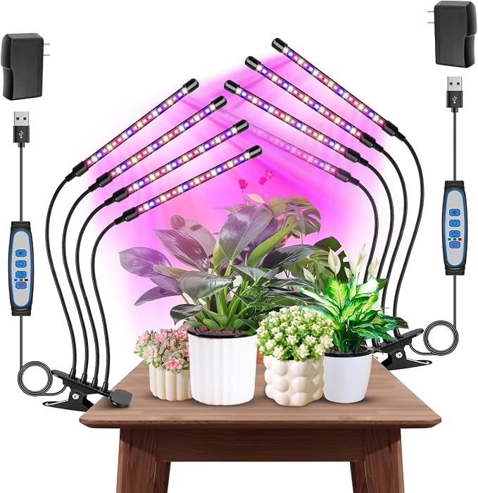 Grow Light, 4 Head Full Spectrum Plant Light with Clip, 2Pack | 6000K Plant Light, Timer 6/12/16Hrs, 3 Spectrums, 5 Dimmable Levels, Flexible Gooseneck