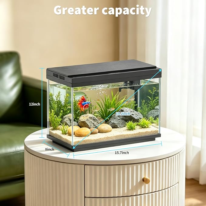 5 Gal Glass Fish Tank Kit with Filter & Light | 3-Gallon Capacity，No Setup Required，2-Stage Filter，Ultra-Quiet Operation，3-Level Adjustable Light，180° Flip Lid，Feeding port