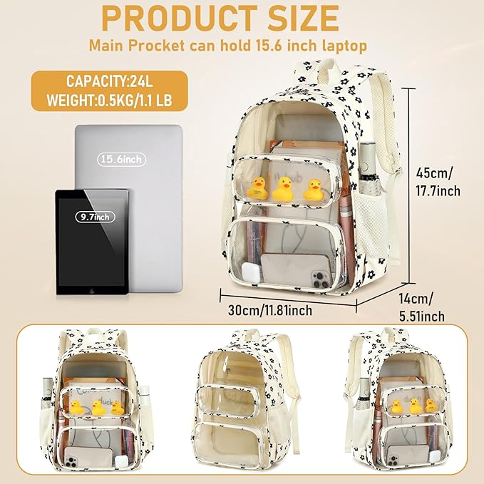 CAMTOP Clear Backpack Heavy Duty Transparent Bag See Through BookBag for Student School Work Festival Sport Travel (Beige Balck Flower)
