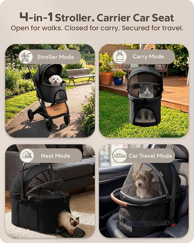Pet Stroller with Detachable Carrier for Small, Medium Dogs & Cats, Lightweight Foldable Design, Travel-Ready, Compact Storage (Midnight Black)