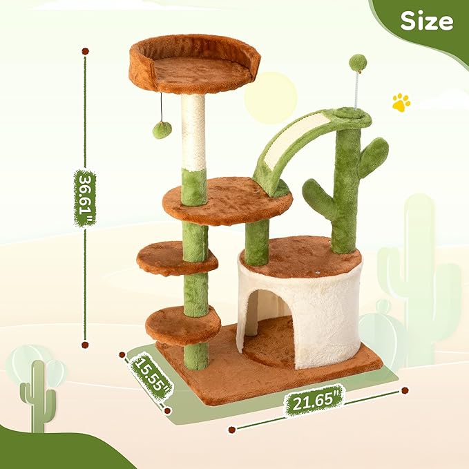 Cactus Cat Tree for Indoor Cats, 36" Multi-Level Cat Tower with Sisal Scratching Posts, Stable Cat Condo with Perches and Steps, Brown