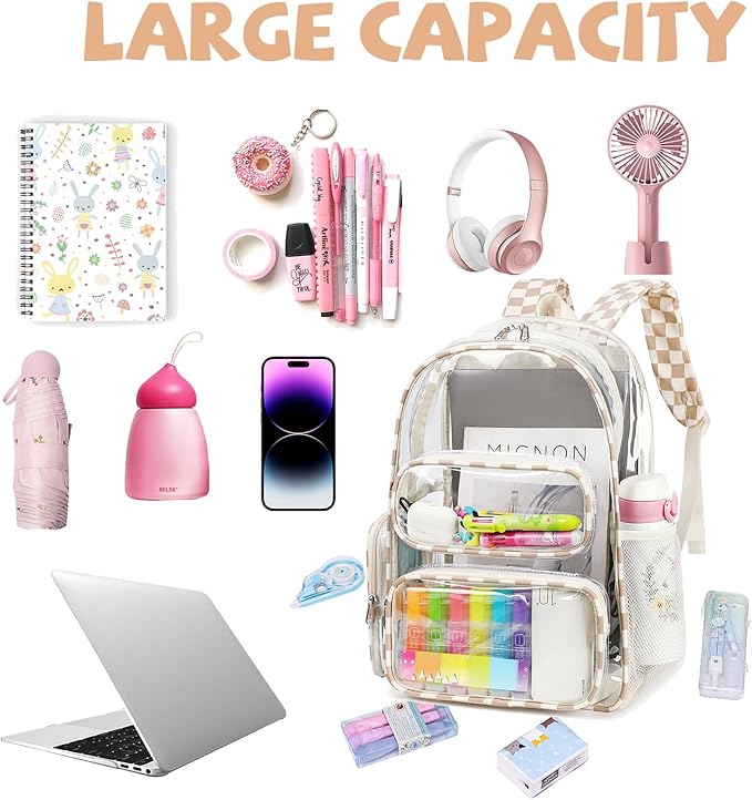 CAMTOP Clear Backpack Heavy Duty Transparent Bag See Through BookBag for Student School Work Festival Sport Travel (Khaki)
