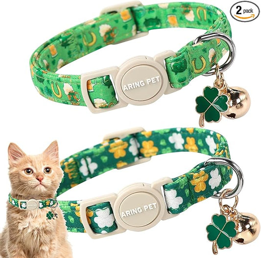 ARING PET 2 Pack St. Patrick's Day Cat Collars-Cute Green Clovers Cat Collar Breakaway with Bell&Pendant, Adjustable Lucky Trefoil Shamrock Kitten Collars with Safety Buckle
