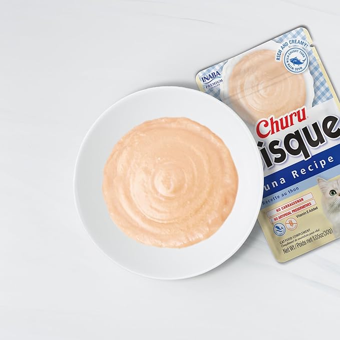 INABA Churu Bisque Indoor Care for Hairball Control for Cats, Creamy Lickable Purée Side Dish with Vitamin E, 1.05 Ounce Pouch, 15 Pouch, Tuna Recipe