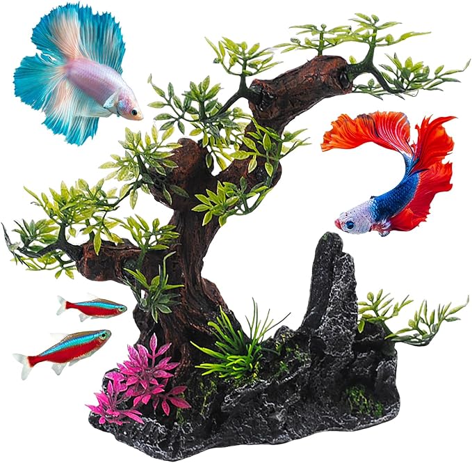Aquarium Bonsai Tree Decor,Fish Tank Decorations Resin Rock View with Artificial Plants Accessories Betta Goldfish Ornaments Freshwater Saltwater Décor for Small Fish Shrimp