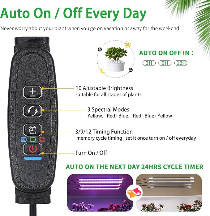 RWNTAO Four Strip Growing Lamp for Indoor Plants, Red & Blue & Yellow Full Spectrum LED Grow Light Strips with Auto ON/Off 3/9/12H Timer,10 Dimmable Levels for Green House Succulent (13 in)