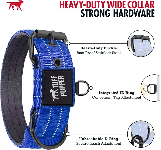 Tuff Pupper Heavy Duty Tactical Dog Collar | 1.5" Wide Ballistic Nylon | Reflective Stitching | Integrated ID Tag Holder | Stainless Steel Buckle | Padded Lining | Medium & Large Dogs (Blue, Medium)