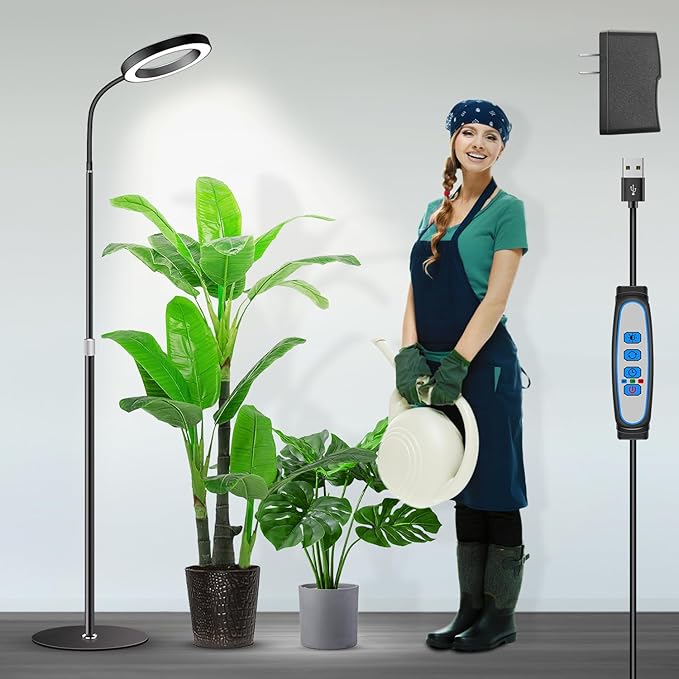 Grow Lights for Indoor Plants, Full Spectrum with Stand, 80 LEDs | 6000K Floor Plant Light, 3 Color Modes, Timer 6/12/16H, 5 Dimmable Levels, 67'' Adjustable Height, Gooseneck