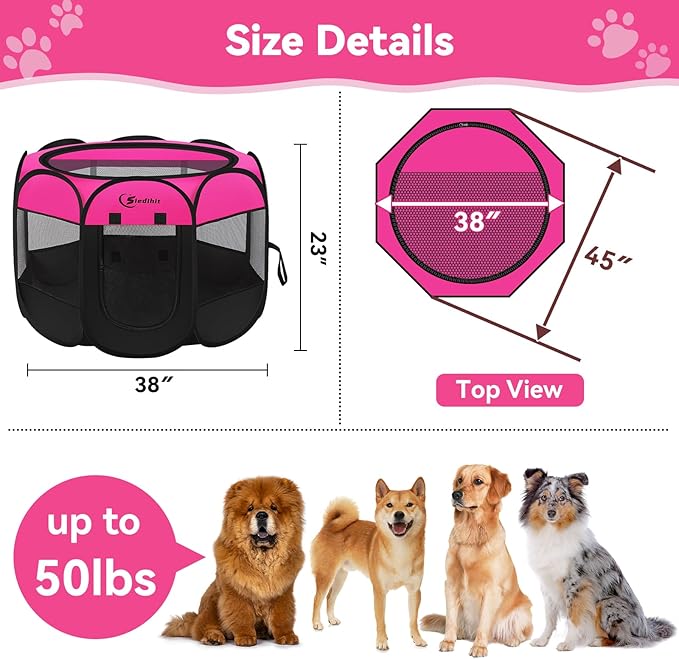 Siedihit Dog Cat Playpen, Large Puppy Pet Playpen, Dog Crate Tent Cage Indoor/Outdoor, Portable Pop Up Dogs Kennel Playpen with Carrying Case for Dogs/Cats/Rabbits, Hot Pink