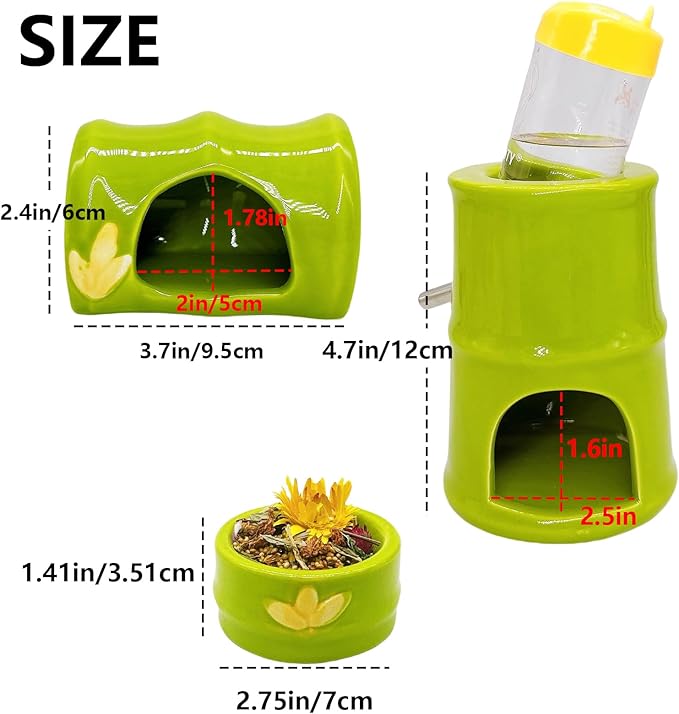 Hamiledyi Ceramic Hamster Hideout Food Bowl Water Bottle Stand Holder Dispenser Syrian House and Habitats Hide Hut Bed Cage Accessories Decor for Mice Dwarf Hamster Gerbil Rat