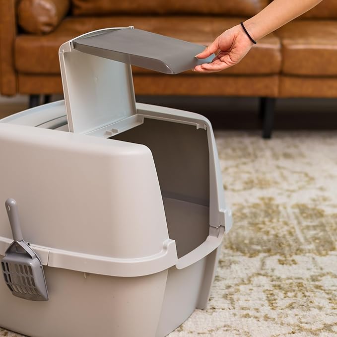 IRIS USA Cat Litter Box Large with Front Door Flap, Covered Enclosed Litter Box Enclosure with Scoop, Handle & Buckles for Portability & Privacy, Hidden Litter Pan, Gray