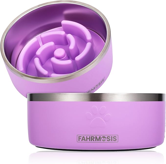 FAHRMOSIS 32 Oz Dog Bowl with Slow Feeder Insert Stainless Steel Pet Water Bowl for Medium & Large Breed Non Slip Rubber Base & Plastic Puzzle Feeder - Lavender