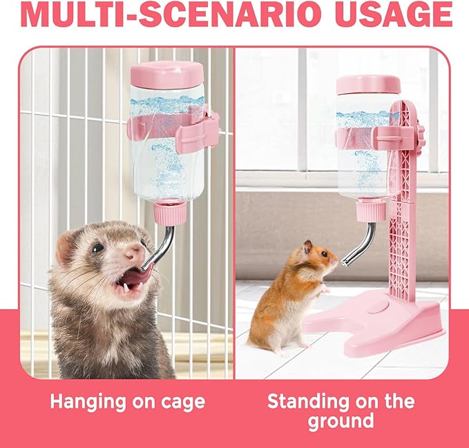 VANNON Pet Standing Water Dispenser Top Fill Dog Water Bottle Dispenser with Stand Leakproof Pet Slow Water Bottle for Small Animals, 13oz, BPA Free, Adjustable Height, Pink
