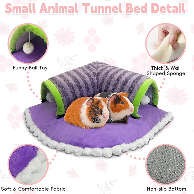 PINVNBY Guinea Pig Hideout Tunnel Bed Washable & Removable Rabbit Tubes Cozy Small Animal Tunnel Toys Guinea Pig Accessories for Hamster Hedgehog Chinchilla Ferret (Purple)
