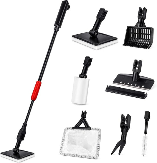 FISORAS Aquarium Cleaning Tools, 7 in 1 Fish Tank Cleaning Kit with Adjustable Long Handle,Aquarium Sponge Brush and Fish Net
