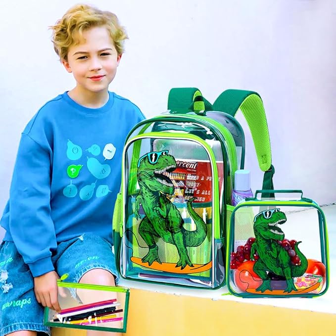 AGSDON 3PCS Clear Backpack for Boys, 16" Dinosaur Transparent Bookbag Heavy Duty, See Through Backpacks with Lunch Bag- Green Dinosaur