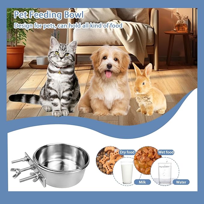 Stainless Steel Pet Crate Bowls, 2-Pack Rabbit Food Water Bowls No Spill Removable Hanging Parrot Feeding Cups Kennel Feeder Coop Cup for Small Medium Pets Birds Bunnies Cats Dogs (S+M)