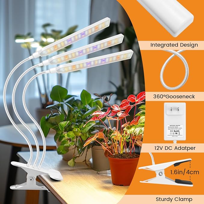 Kullsinss Clip-on Plant Lights for Indoor Growing, 171 LEDs 24W Grow Light | White 3-Gooseneck Plant Lamp for Seedlings, Full Spectrum Grow Lamp with Red Blue Yellow White LEDs, Timer & Dimmable