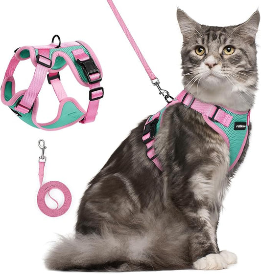 rabbitgoo Cat Harness and Leash Set, Escape Proof Soft Adjustable Vest Harnesses for Outdoor Walking, Easy Control Breathable Kitten Jacket with Reflective Strips, Green & Pink, M