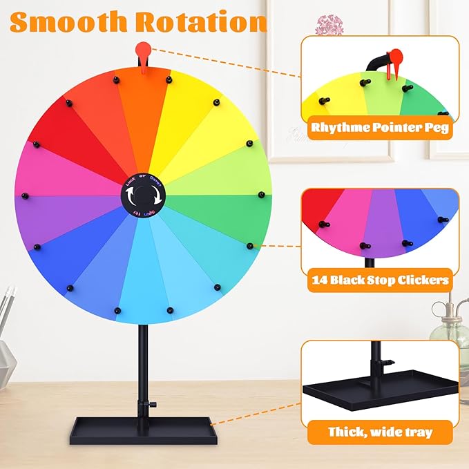 24" Prize Wheel, 14 Slots Color Spinning Prize Wheel for Tabletop, Heavy Duty Spinning Wheels with Tray, Markers, Eraser, Roulette Wheel of Fortune, Spinning Wheel for Prizes