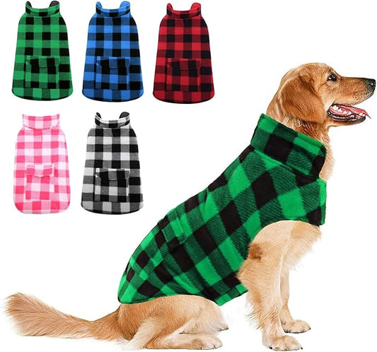 ASENKU Dog Winter Coat, Fleece Doggie Jacket Plaid Reversible Vest Waterproof Windproof Cold Weather Clothes for Small Medium Large Dogs (L, Green)