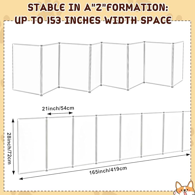 Sintuff Clear Plastic Dog Playpen Gate 8 Panel 165" W x 28" H Transparent Freestanding Pet Playpen Indoor Foldable Adhesive Pet Fence Barrier for Doorway for Small Dogs Puppy